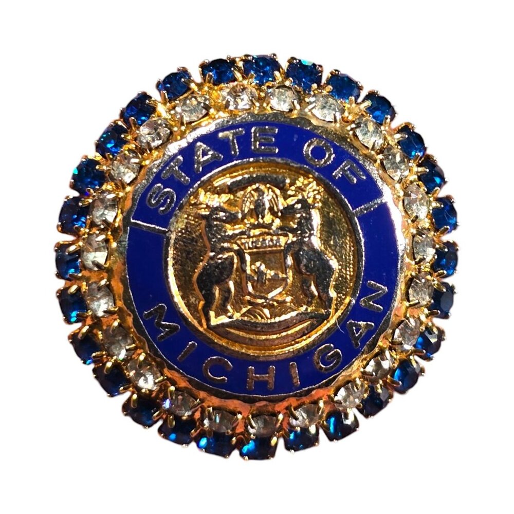 State of Michigan Brooch Blue Rhinestone Crest Seal Pin Gold Tone USA Cerrano
